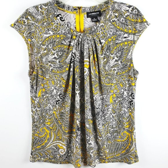 Liz Claiborne Career Short Cap Sleeved Top Yellow Black White Sz M - Picture 2 of 10